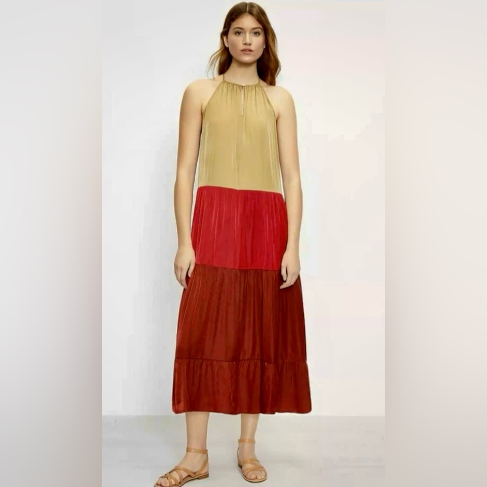 Loft Beach Sleevess Colorblock Tiered Halter Midi Dress/Cover Up Henna Red ZB15